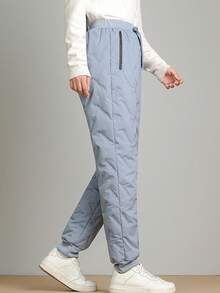 女士保暖内衬锥形裤，纯色羊羔绒菱形图案，保暖休闲户外裤，带抽绳腰带和拉链口袋，冬季 - 藍色 - 查看 6