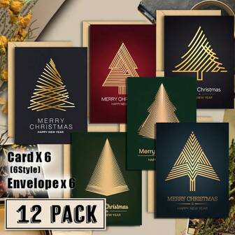 6PCS Luxury Christmas Greeting Cards With Envelopes, 6 Gold Foil Tree Designs, Holiday Xmas Card Set For Family & Friends-Merry Christmas And Happy New Year Greeting Cards