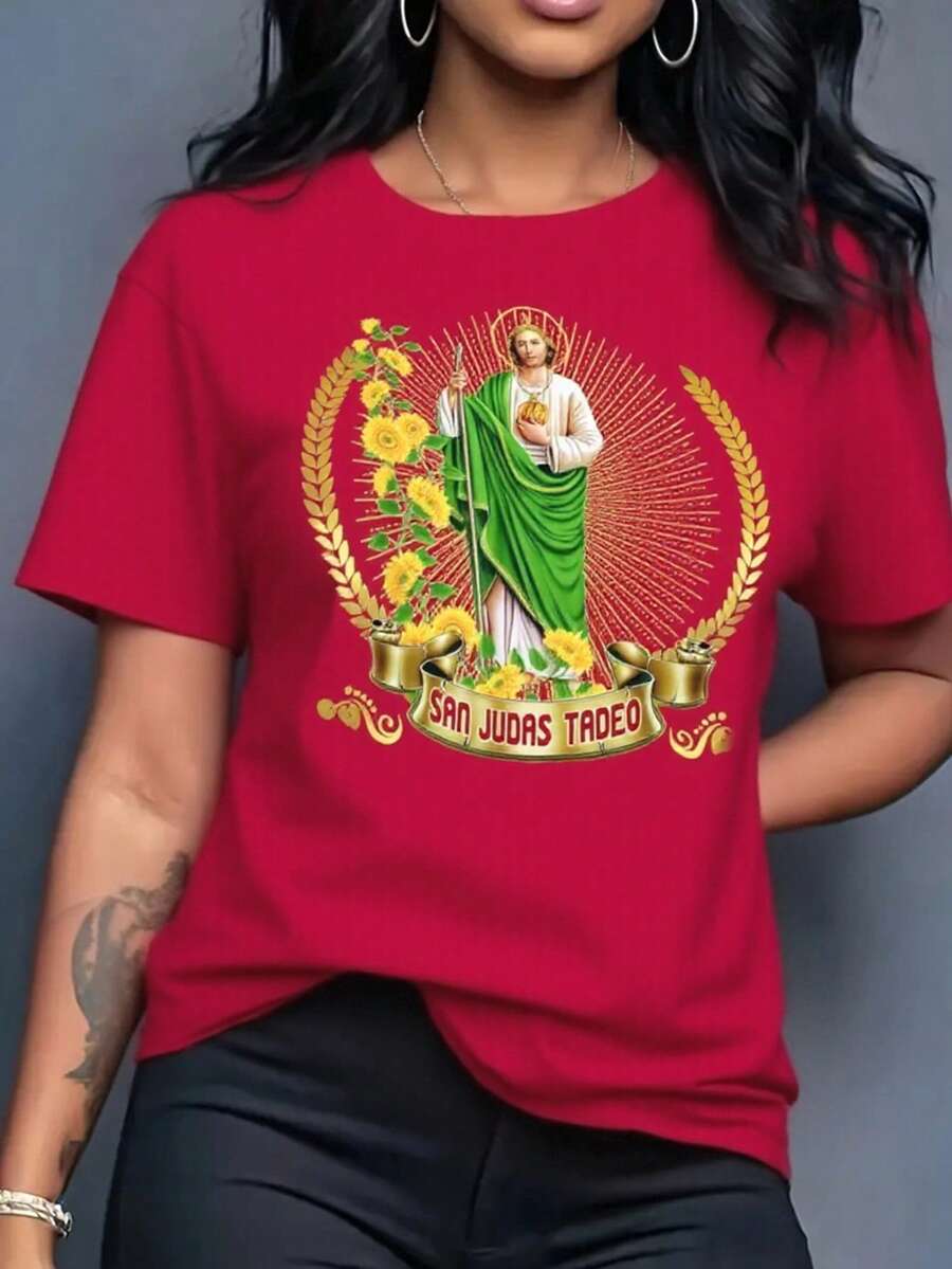 Playera camiseta gráfica dama mujer manga corta cuello redondo básica cómoda fresca ligera moderna juvenil casual estampado sn judas san juditas tadeo girasoles flores flor floral letras - Rojo - Ver 1