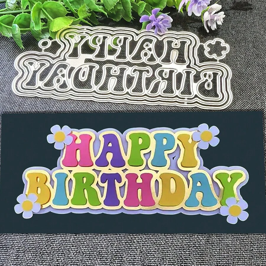 生日快乐贺卡金属切割模具、DIY 剪贴簿相册和压花模板、贺卡制作工具、卡片纸切割工艺品、礼品卡制作模板模切 - 銀色 - 查看 1