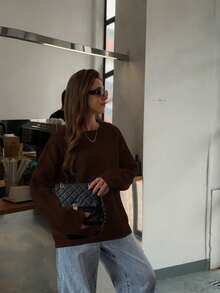 FOR BEAUTY 秋冬新款纯色圆领休闲宽松长袖针织套头衫，中长款，日常百搭，通勤针织衫，柔软慵懒风格，舒适上衣 - 花卡其 - 查看 6