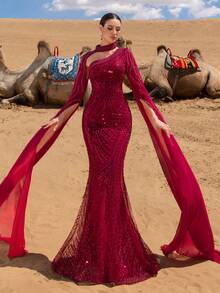 Faeriesty 奢华珠饰亮片晚礼服，超长袖鱼尾裙摆设计，完美适用于红毯活动、奢华婚礼、私人派对或星空之夜派对，亦可作为圣诞节派对的配套服装，尽显优雅气质。 - 酒紅色 - 查看 6