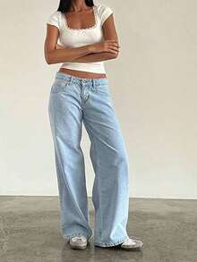 Womens Low Rise Washed Jeans Fashion Wide Leg Loose Denim Pants Baggy Trousers With Pockets - Light Blue - View 1