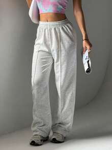 Calças esportivas femininas de cor sólida com cós elástico, calças casuais de corrida e fitness