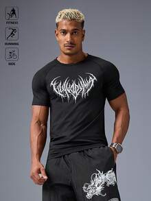 Manfinity Sport Polished 男式哥特式印花插肩袖短袖休闲健身运动 T 恤运动上衣压缩衬衫透气修身衬衫圆领 - 黑色 - 查看 7