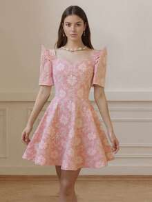 Amyenjoylife Váy đầm Philippines hiện đại thanh lịch, Tay áo cánh bướm, Váy ngắn xếp nếp Jacquard cổ vuông, Áo khoác Bolero Philippines dành cho nữ, Váy hiện đại Philippines, Ngày lễ tình nhân, Váy hồng - Hồng - Xem 1