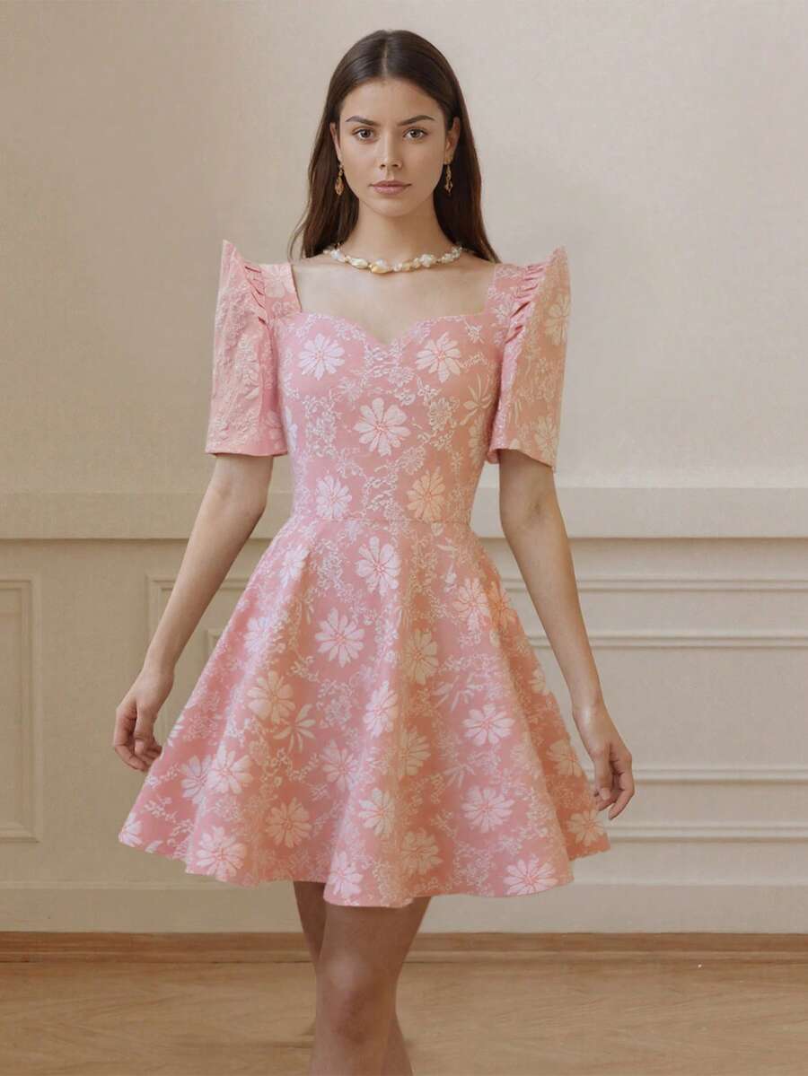 Amyenjoylife Váy đầm Philippines hiện đại thanh lịch, Tay áo cánh bướm, Váy ngắn xếp nếp Jacquard cổ vuông, Áo khoác Bolero Philippines dành cho nữ, Váy hiện đại Philippines, Ngày lễ tình nhân, Váy hồng - Hồng - Xem 1