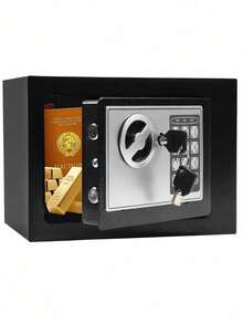Pequeña caja fuerte de seguridad electrónica con código digital y llave, incluye 2 llaves, soporte de pared y batería, apta para hogar, oficina, hotel - Negro - Ver 1