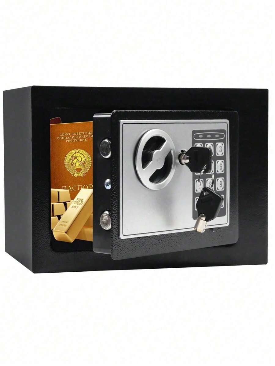 Pequeña caja fuerte de seguridad electrónica con código digital y llave, incluye 2 llaves, soporte de pared y batería, apta para hogar, oficina, hotel - Negro - Ver 1