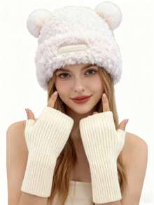 2 Pieces Winter Thickened And Fleece Hat Set, Fleece Knitted Half-Finger Gloves, Fleece Cute Little Bear Warm Hat, Versatile Long Gloves And Wrist Guards, Big Head Knitted Hat, Warm And Fashionable Outfit For Going Out, Festival Gift