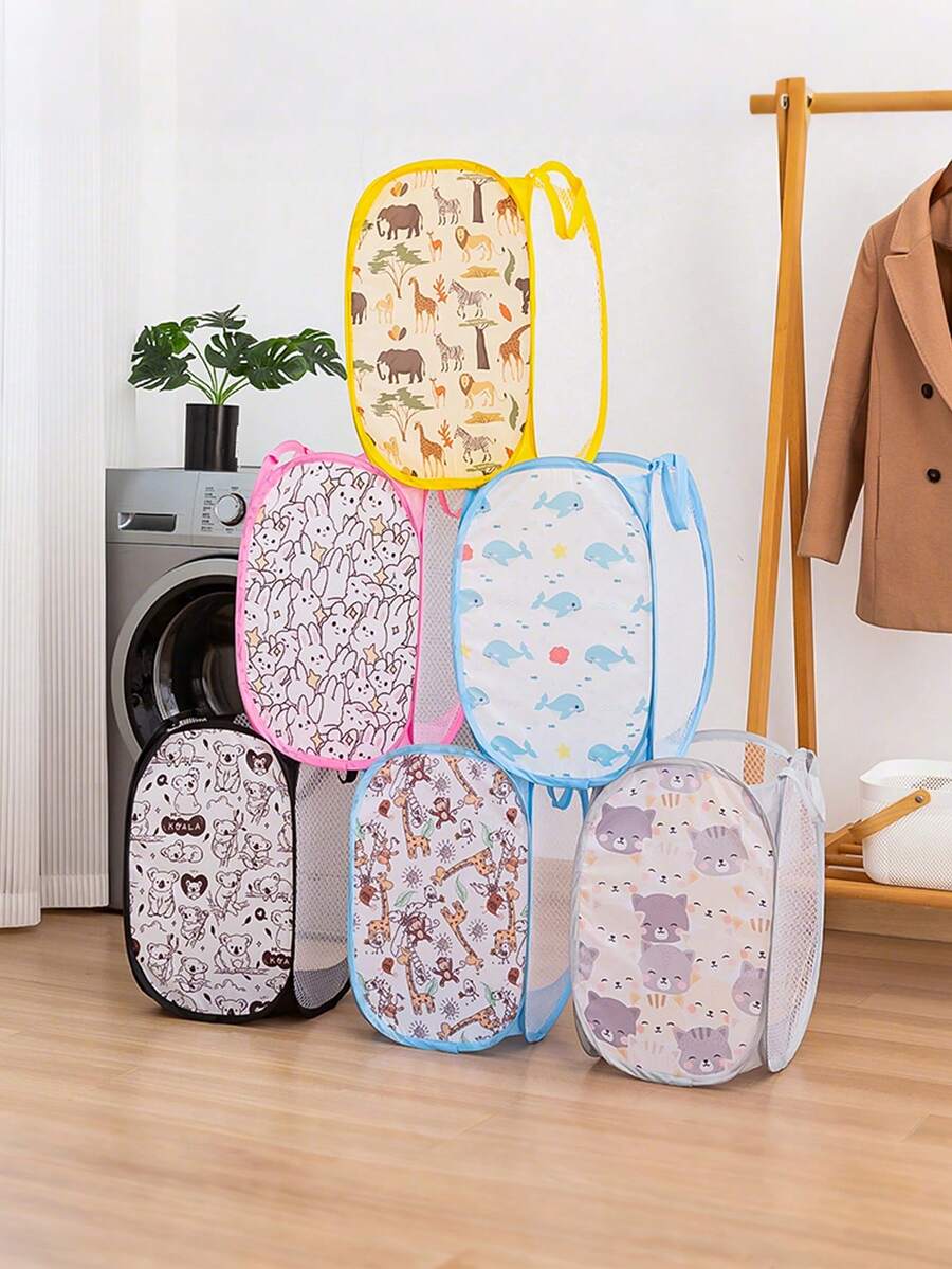 1pc/2pcs Kids Cartoon Pattern Dirty Clothes Laundry Basket, Foldable Bathroom Storage Organizer Bin For Children Room - Multicolor - View 1