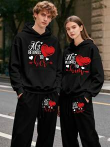 (2PC) Couple's Set Of Fashionable And Casual Printed Hoodies And Sweatpants For Both Men And Women, Autumn And Winter Men's Sportswear, Fashionable And  Sportswear Printed, Suitable For Casual Outdoor Sports And Holiday Gift Giving.MY BELONGS TO HER/HIM - Nam-Đen - Xem 1