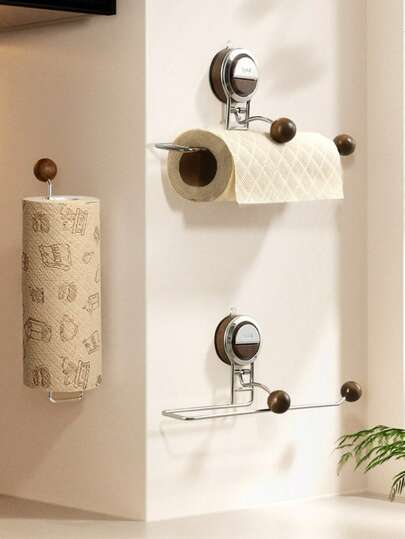 Classical Natural Wood Color Stainless Steel Suction Cup Kitchen Paper Towel Holder Hair Dryer Rack Shoe Rack - No Drilling Required Wall Mounted Sticky Paper Towel Dispenser And Rag Holder, Space Saving, Reusable, Creative Home Storage, Suitable For Kitchen, Dining Room, Bathroom