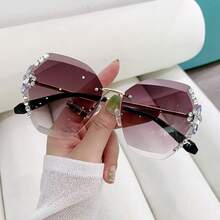 1pc Rhinestone Rimless Edged Fashion Glasses For Women, Glittering Accessory, Oversized Face Flattering, UV Protection, Fashion Eyewear For Vacation Outfits