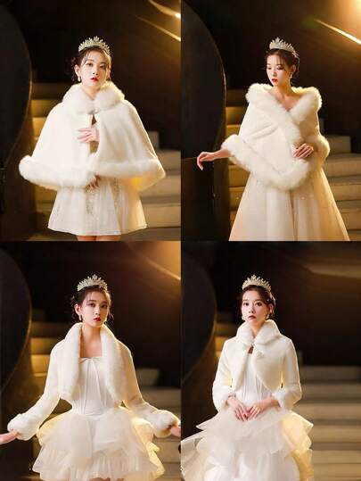 1pc Plus Size Women White Faux Fur Shawl, Autumn/Winter Fluffy Shawl With Butterfly Buckle, Ball Tie Warm Shawl, Fringed Shawl, Bridal Warm Shawl, Fur Shawl For Wedding Gown, Open Front Shawl, Long Shawl, Suitable For Wedding, Party, Evening, Performance, Elegant Vintage Romantic Chic Luxury Plus Size Shawl Cloak, Performance Dress Warm Shawl, Wedding Dress Shawl, Strapless Dress Shawl