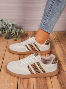 Women's Casual Versatile Leopard Print Accent Sneakers, Women's Fashion Eye-Catching Comfortable Durable Rubber Soft Sole Athletic Shoes, Women's Patchwork Sports Shoes - Grey - View 6