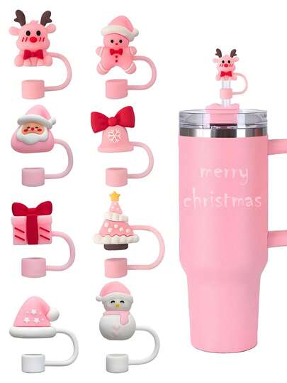 8pcs/1pc Pink Christmas Silicone Straw Cover Caps For 30&40 Oz Tumbler,10mm Straw Toppers,Reusable Straw Covers,Dustproof Straw Caps, Simple Straw Tip Lids, Christmas Cup Holiday Decorations Accessories(Christmas Tree,Santa,Reindeer,Snowman,Gingerbread Man And Other Design Elements)Suitable For Christmas Gifts
