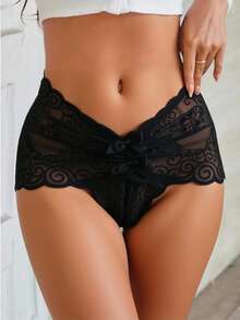 Set de 6 Piezas. Bóxers femeninos de encaje con moños decorativos, cobertura media y ajuste cómodo para uso diario - Talla Unitalla. - Negro - Ver 1