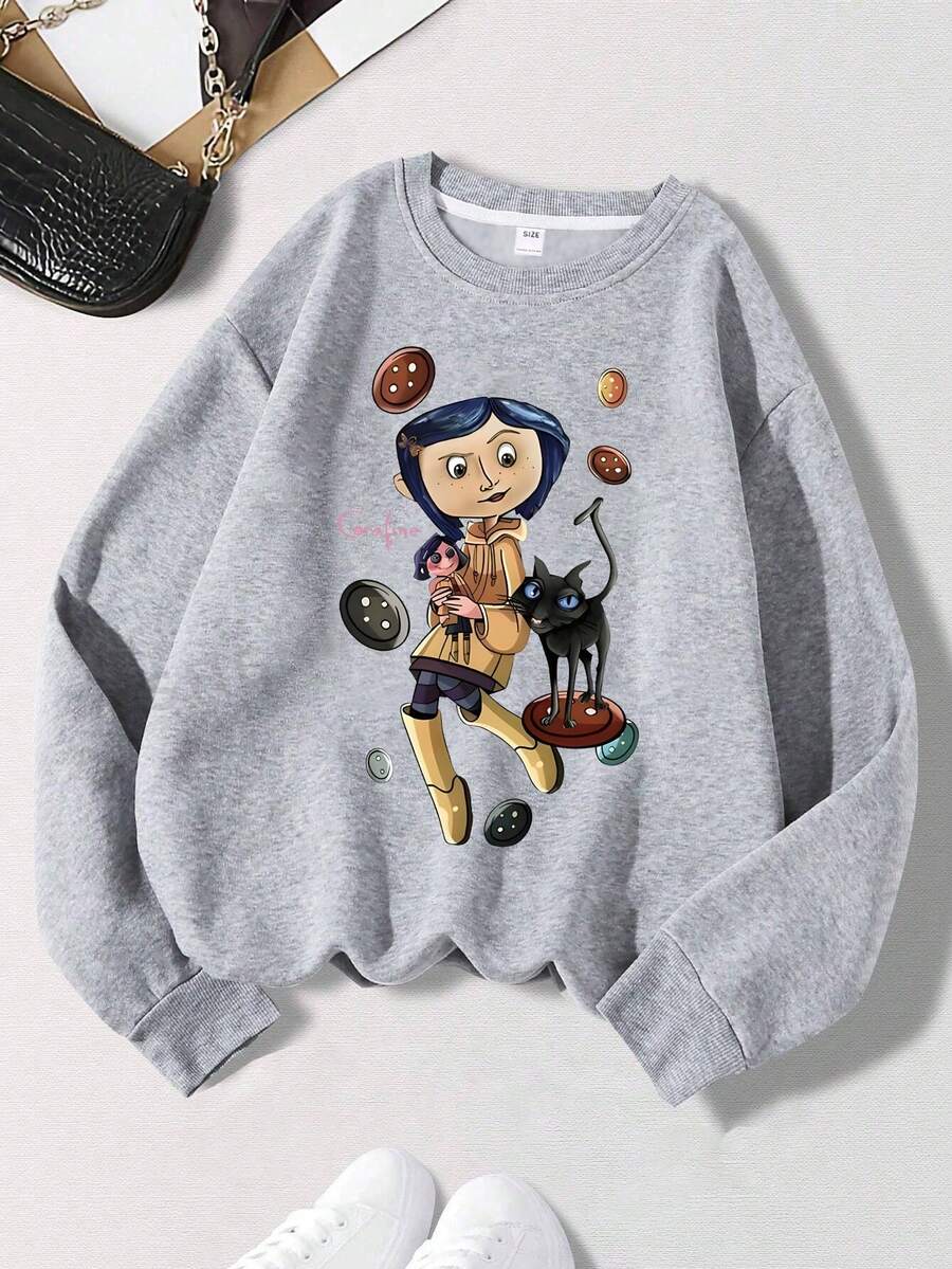 少女卡通印花圆领卫衣,休闲舒适,秋冬时尚可爱 - 灰色 - 查看 1