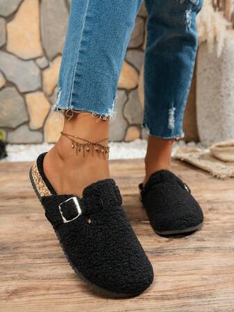 Women's Plush Slip-On Slippers - Soft Fabric Upper And Lining, Shock-Absorbing PVC Sole, Suitable For Indoor And Outdoor Wear, Casual Home Slippers - Beige