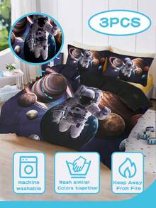 Juego de ropa de cama personalizado de 3 piezas (1 funda de edredón reversible + 2 fundas de almohada de una sola cara), con patrón de astronauta y espacio, funda de edredón personalizable con nombre, material de poliéster, lavable a máquina, adecuado para dormitorio de niños - Multicolor - Ver 3