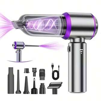 مكنسة كهربائية لاسلكية محمولة للسيارة والمنزل 20000 باسكال عالية الطاقة، مكنسة صغيرة 4 في 1 مع مجمع للغبار، مجفف شعر ومضخة، مكنسة يدوية بمحرك بلا فرشاة مناسبة للسيارات والمنازل والمكاتب والتخييم