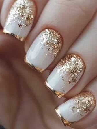 24 piezas/set Uñas postizas cortas cuadradas de color dorado brillante con diseño de brillo dorado y estrellas, uñas acrílicas falsas de ajuste completo, contiene 1 pieza de pegamento de gelatina y 1 pieza de lima de uñas, adecuado para uso diario, estudio y fiestas de mujeres y niñas