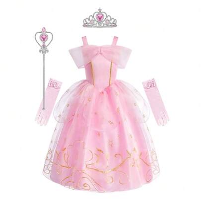 5pcs/Set Girls Pink Floral Pattern Sleeveless Dress With Accessories Gloves Costume, Children Princess Outfit For Halloween, Christmas, Carnival Role Play