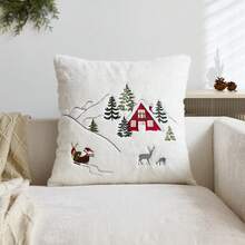 1 capa de almofada bordada com Papai Noel vermelho e árvore de Natal, adequada para decoração de interiores, capa de almofada decorativa de Natal, enchimento de almofada não incluído