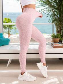 Leggings Yoga Mujer Sin Costuras, Pantalones Deportivos, Estampado Leopard Print Rosa Elástico, Estilo Dulce y Juvenil, Para Gimnasio/Streetwear/Daily - Rosa - Ver 4