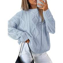 2025  Women's Oversized Cable Knit Crewneck Sweaters - 淡藍色 - 查看 1