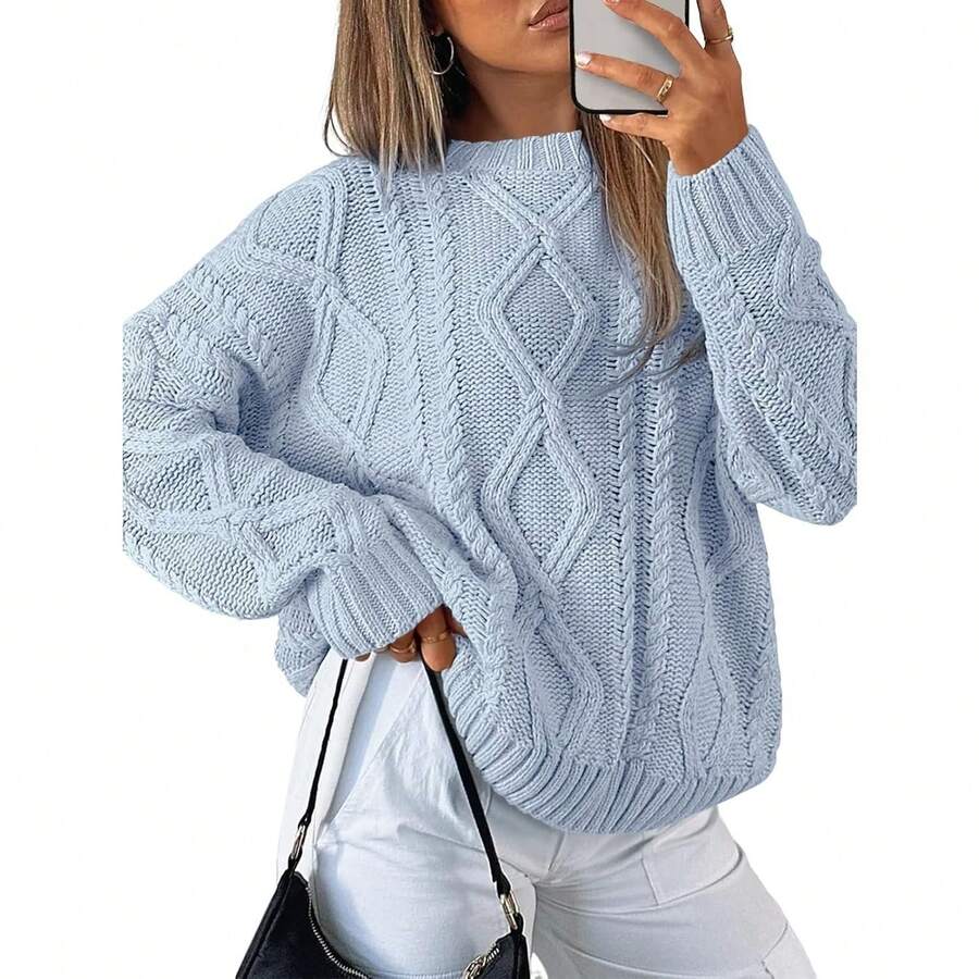 2025  Women's Oversized Cable Knit Crewneck Sweaters - 淡藍色 - 查看 1