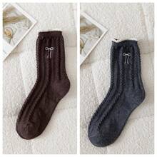 1/2/3/5 双装女士中筒袜，适合秋冬季节，可爱蝴蝶结图案，保暖舒适，可搭配靴子，厚羊毛袜，舒适袜