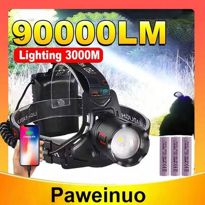 90000LM Ultra Powerful Headlamp Head Lantern Front Light Rechargeable Type C Professional LED Head Flashlight For Fishing