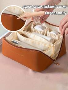 1pc PU Leather Travel Makeup Bag, Double Layer Large Capacity Cosmetic Storage Organizer, Minimalist Handheld Storage Pouch For Makeup Tools, Skincare, Suitable For Daily Use, Vacation, Back To School - Brown - View 14