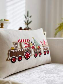 1pc Christmas Gingerbread Man & Christmas Train Embroidered Throw Pillow Cover, Suitable For Indoor Decor, Christmas Decorative Pillow Case, Pillow Insert Not Included