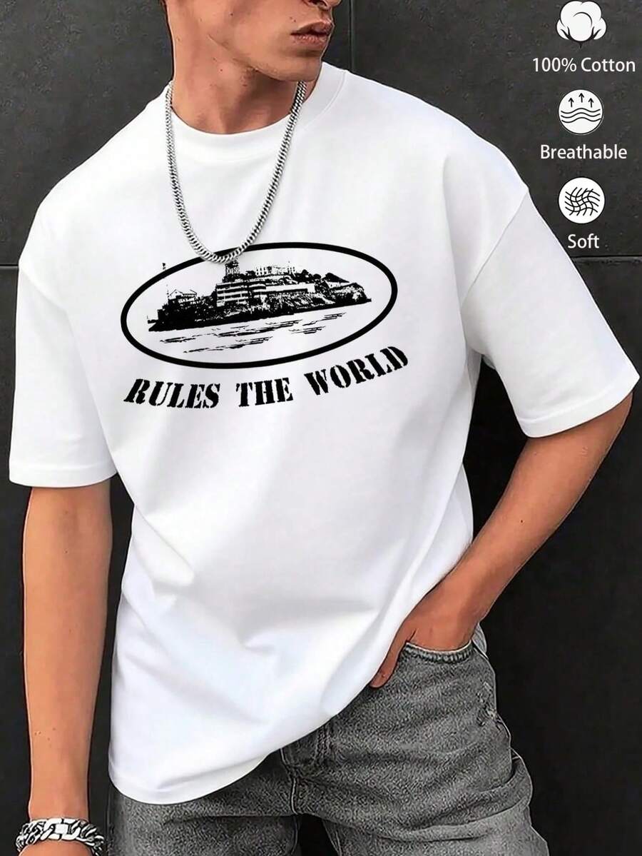 Unisex Oversized White T-Shirt With Cartoon Elements, Thick Fabric, Loose Fit, Round Neck, Suitable For Summer, Cartoon Graphic Print, Casual & Fun Style - White - View 1