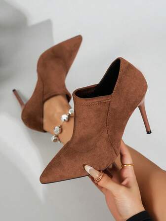 Pointed Toe Faux Deer Horn Material Elegant Stiletto Ankle Boots Fashionable Low-Cut Formal Boots Women's Comfortable Brown Short Boots, Run One Size Larger