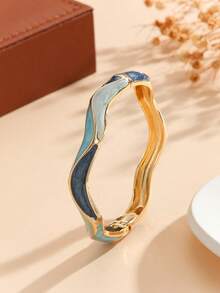 1pc Fashion New Style Gold Plated Enamel Mix Color Asymmetrical Shape Bracelet Bangle Jewelry For Women Girls - Blue - View 6