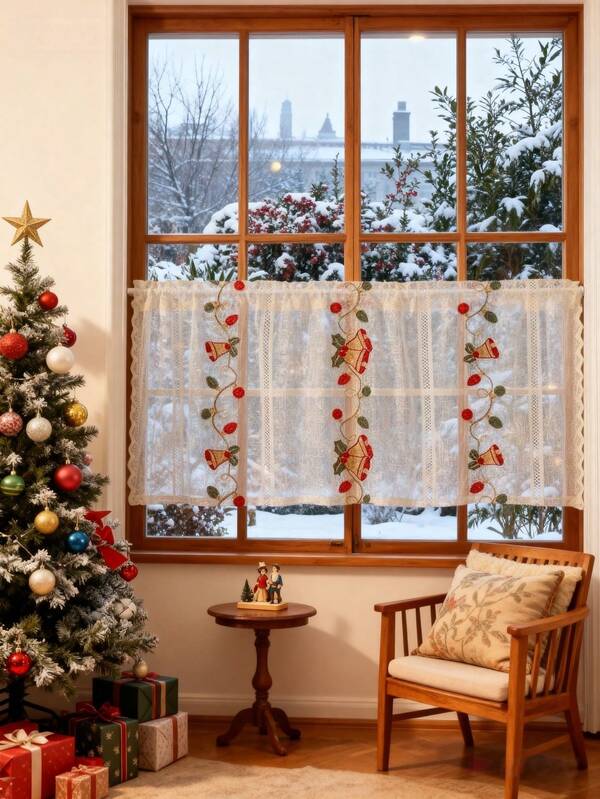 1 pieza Cortina de puerta semi-transparente con bordado de campana de Navidad y ojal para barra - Arte tejido vintage, para todo el año, fácil de colgar y lavable a máquina