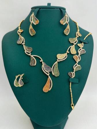 4pcs/Set Luxury Cubic Zirconia Silver Necklace, Earrings, Ring, Bracelet Jewelry Set, Star & Moon Shaped Colorful Tassel Design, Suitable For Women Daily, Party, Wedding