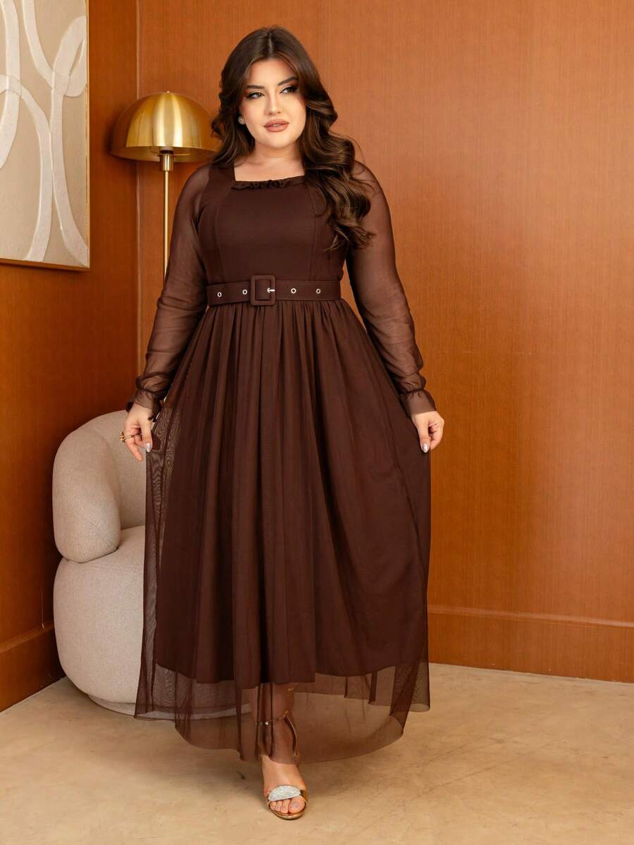 Long Tulle Dress, Plain Fabric, With Belt, Wedding, Holiday - 鏽棕色 - 查看 1