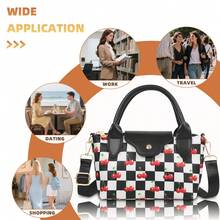 Czarno-biała torba w kratkę z regulowanym paskiem na ramię i nadrukiem wiśniowym – torba na ramię z wieloma kieszeniami, idealna do dojazdów do pracy, idealny prezent dla przyjaciół i rodziny