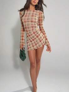 Womens Polka Dot Sheer Mesh Mini Dress Mock Neck Bodycon Flared Long Sleeve For Club Party Dress Going Out - 黃色 - 查看 6