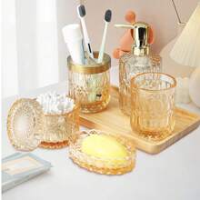 5 Pcs Glass Soap Dispenser Set –Refillable Shampoo, Conditioner, Lotion & Hand-Soap Bottles For Bathroom Sink, Kitchen Counter, Guest Powder Room, Dorm, Salon & Spa, Bridal-Shower Gift - Màu vàng - Xem 1