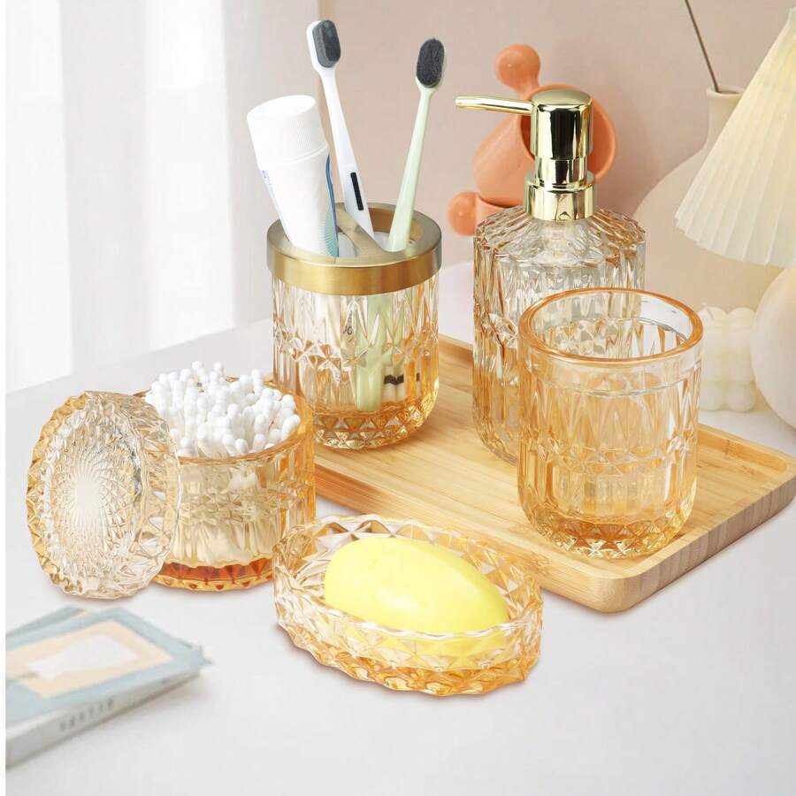 5 Pcs Glass Soap Dispenser Set –Refillable Shampoo, Conditioner, Lotion & Hand-Soap Bottles For Bathroom Sink, Kitchen Counter, Guest Powder Room, Dorm, Salon & Spa, Bridal-Shower Gift - Màu vàng - Xem 1