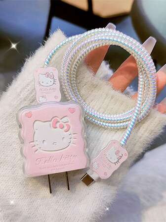 Sanrio 粉色 KT 猫咪苹果充电器保护套，兼容苹果 18W、20W 快充数据线/充电线，防摔耐用