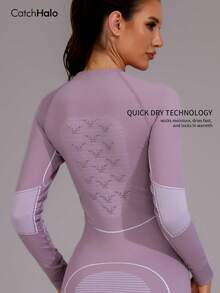 1pc Seamless Ski Suit, Soft Lavender Ribbed Slim Fit, Breathable & Warm, Quick-Drying Cloud-Like Softness Sports - Dusty Pink - View 2