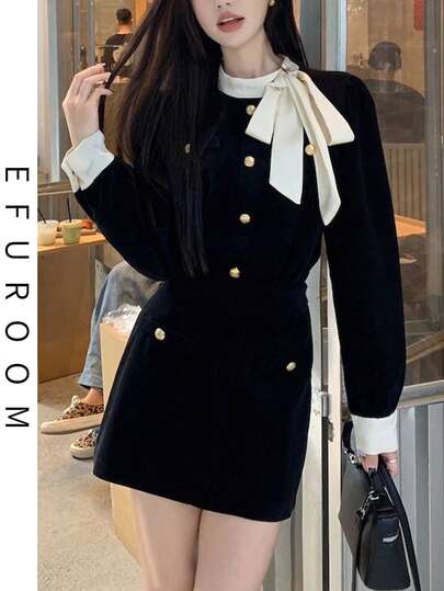 EFUROOM Free Shipping! Korean-Style Black Velvet Women's Top And Skirt Set For Fall. This Y2K-Inspired Gyaru-Inspired Two-Piece Set Features A Black And White Contrasting Bow And Faux Pockets For A Youthful Look. Perfect For Office Casual Wear.