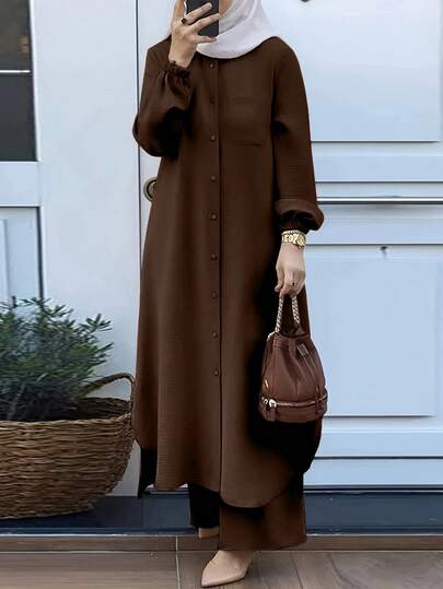 2pcs Abaya Set: Long Sleeve Shirt Top And Wide Leg Pants, Elegant And Comfortable For Home And Daily Wear